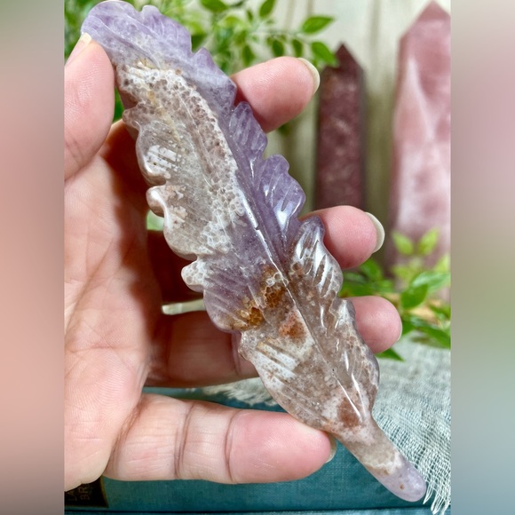0424 Crazy Lace Agate with Purple Amethyst Crystal Feather Carving - Picture 8 of 8